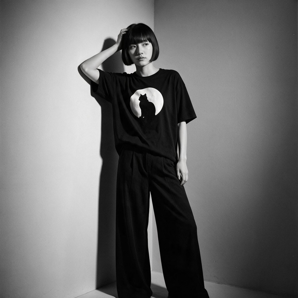Kuroi Yozora no Ana tee on model - streetwear fit photo 2