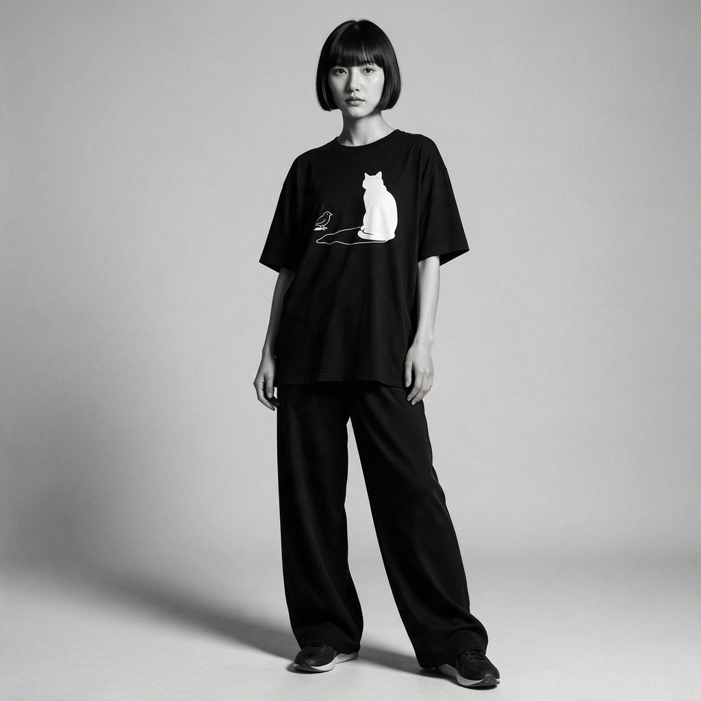 Kuroi Tori no Yume tee on model - streetwear fit photo 4