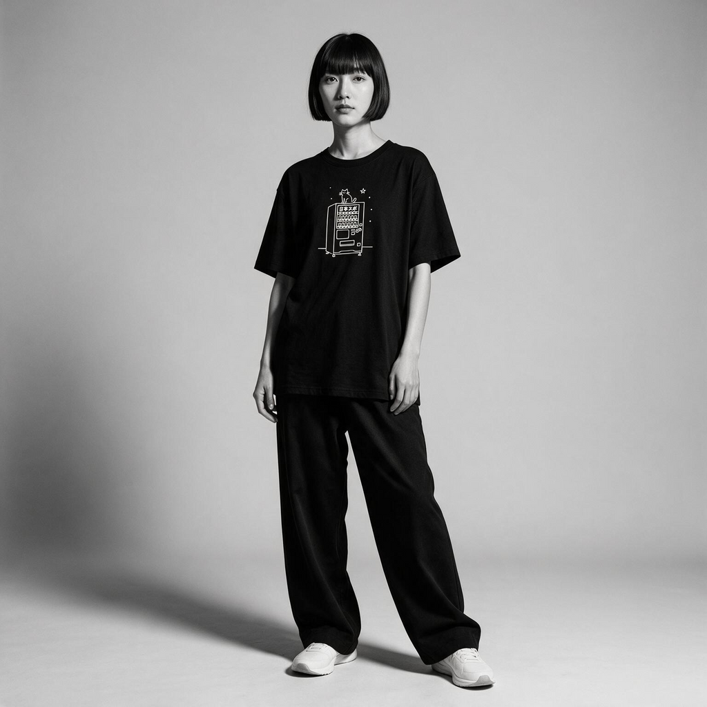 Kuroi Jihanki Neko tee on model - streetwear fit photo 4