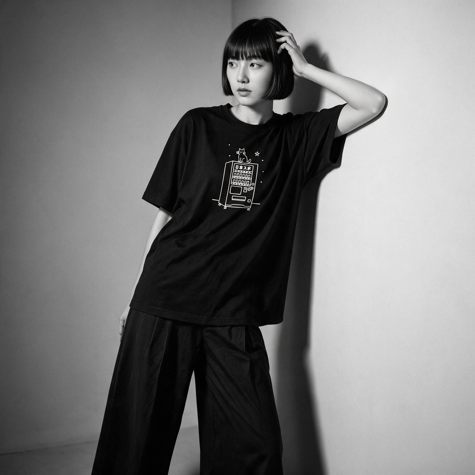 Model wearing Kuroi Jihanki Neko oversized black tee - Japanese minimalist streetwear