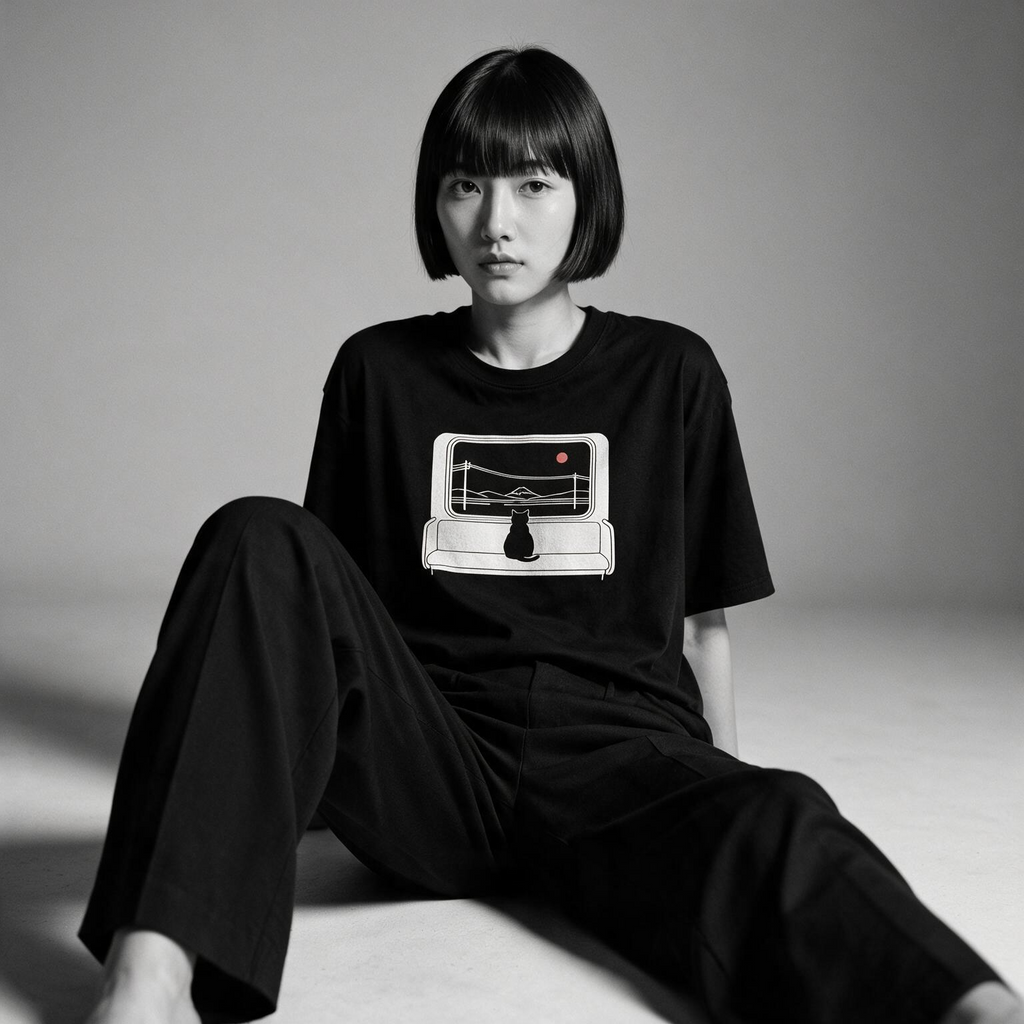Model wearing Kuroi Shaso oversized black tee - Japanese minimalist streetwear