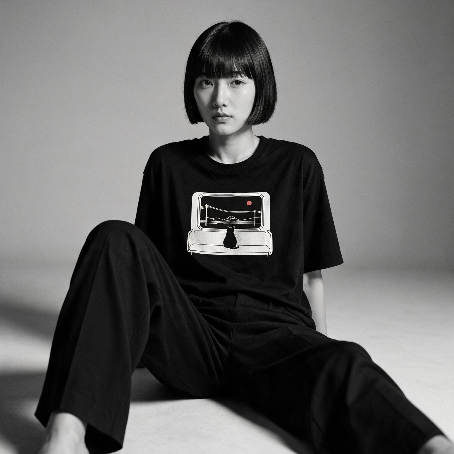 Model wearing Kuroi Shaso oversized black tee - Japanese minimalist streetwear