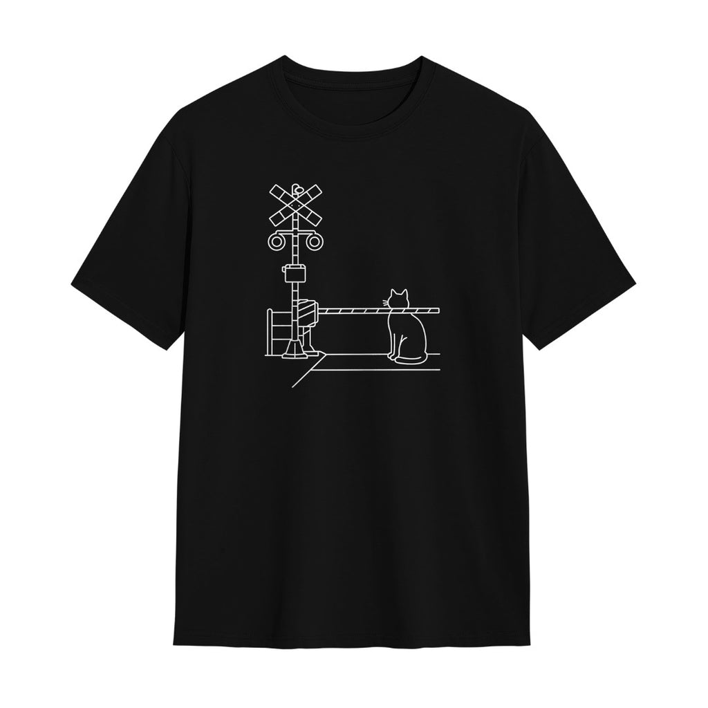 Kuroi Fumikiri Neko oversized black tee - cat waiting at railway crossing