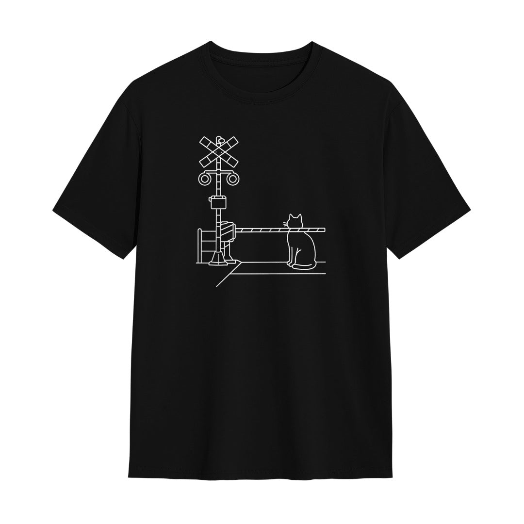 Kuroi Fumikiri Neko oversized black tee - cat waiting at railway crossing