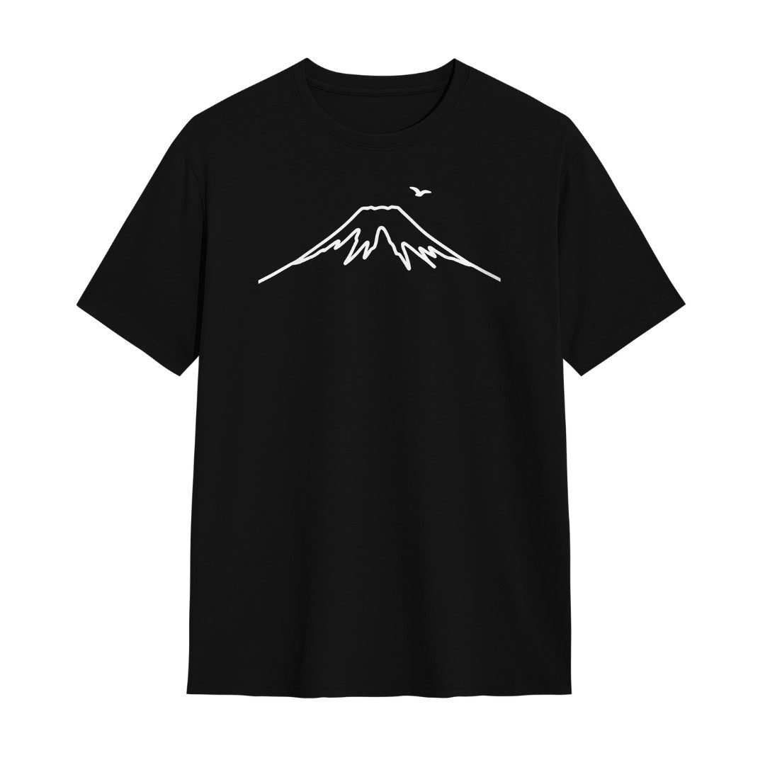 Kuroi Mono Fuji oversized black tee - Mount Fuji one line drawing with bird