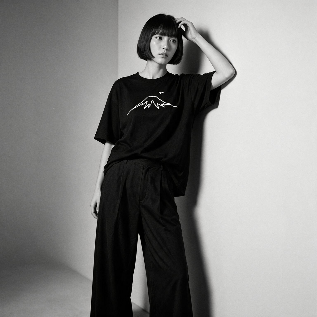 Model wearing Kuroi Mono Fuji oversized black tee - Japanese minimalist streetwear