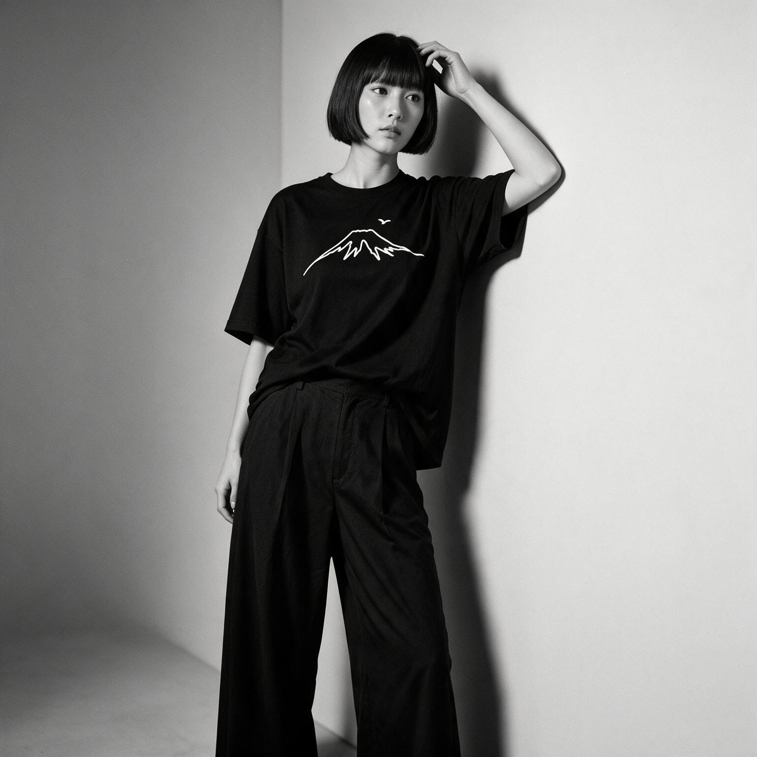 Model wearing Kuroi Mono Fuji oversized black tee - Japanese minimalist streetwear