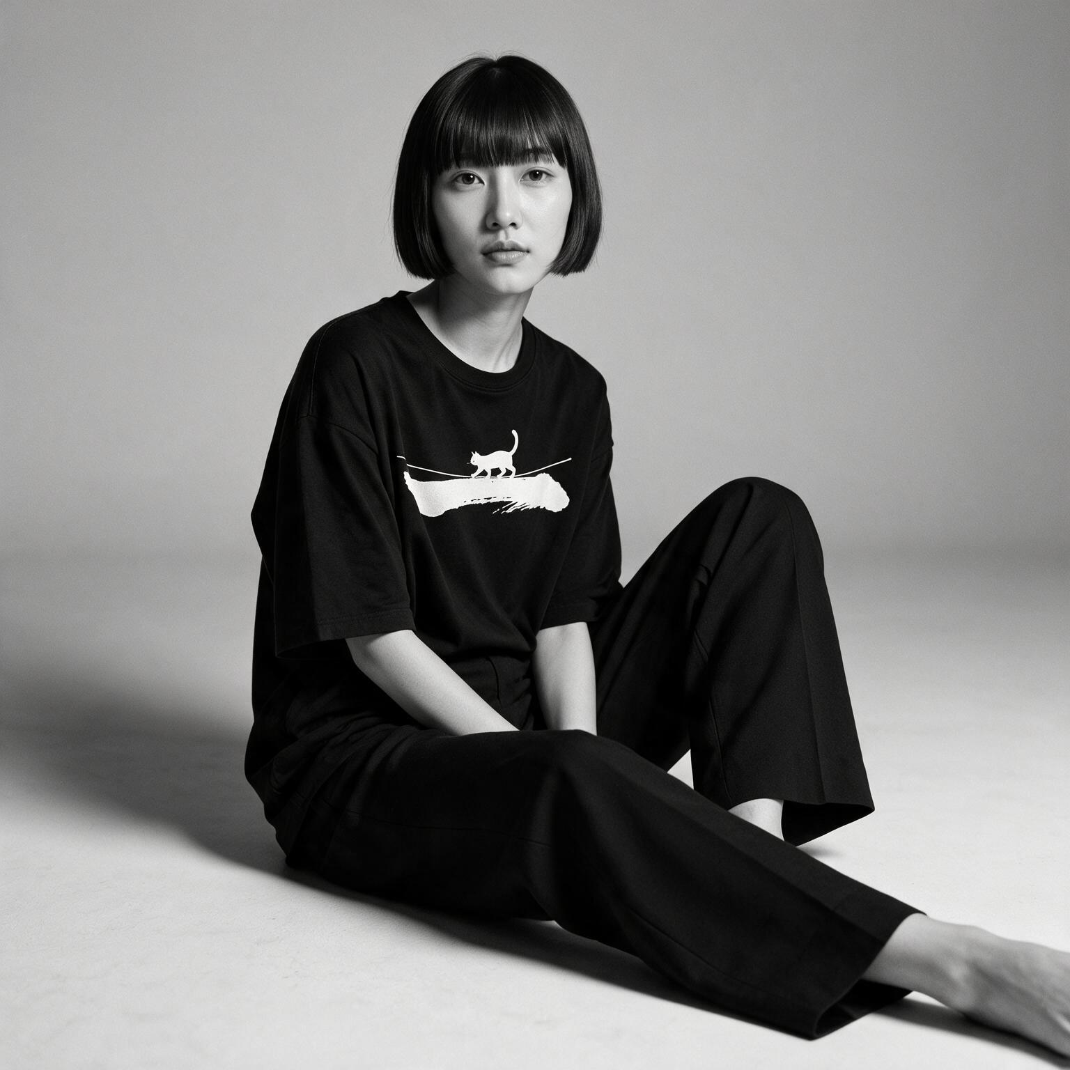 Model wearing Kuroi Ichi oversized black tee - Japanese minimalist streetwear