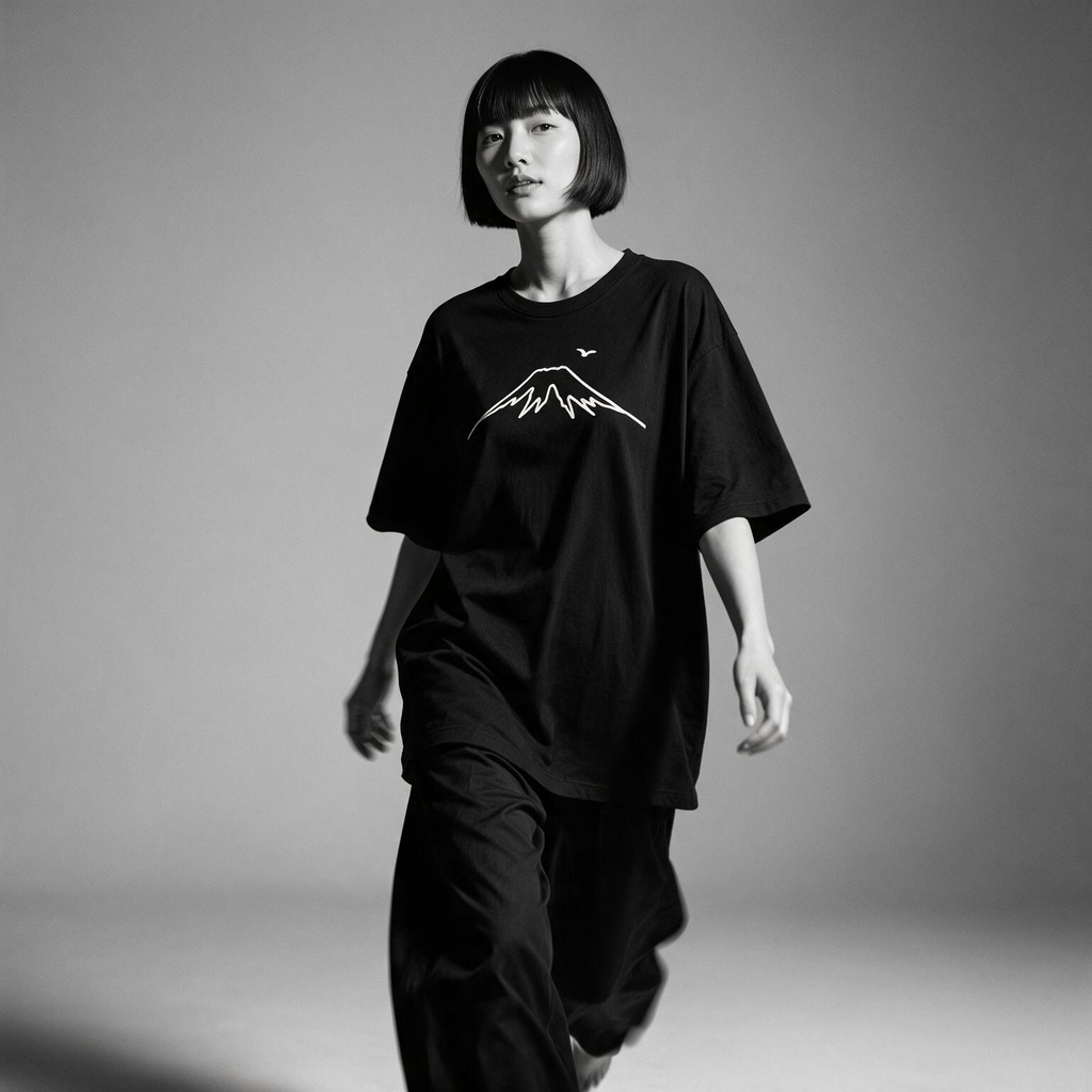 Kuroi Mono Fuji tee on model - streetwear fit photo 3