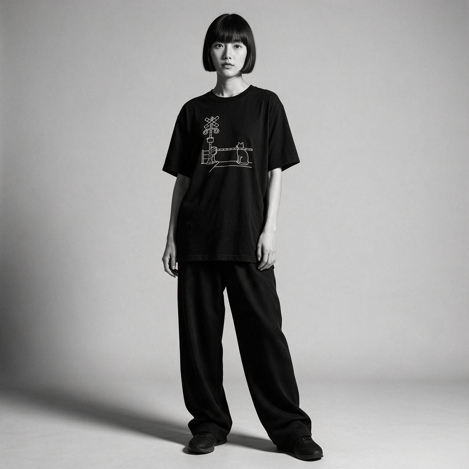 Kuroi Fumikiri Neko tee on model - streetwear fit photo 4