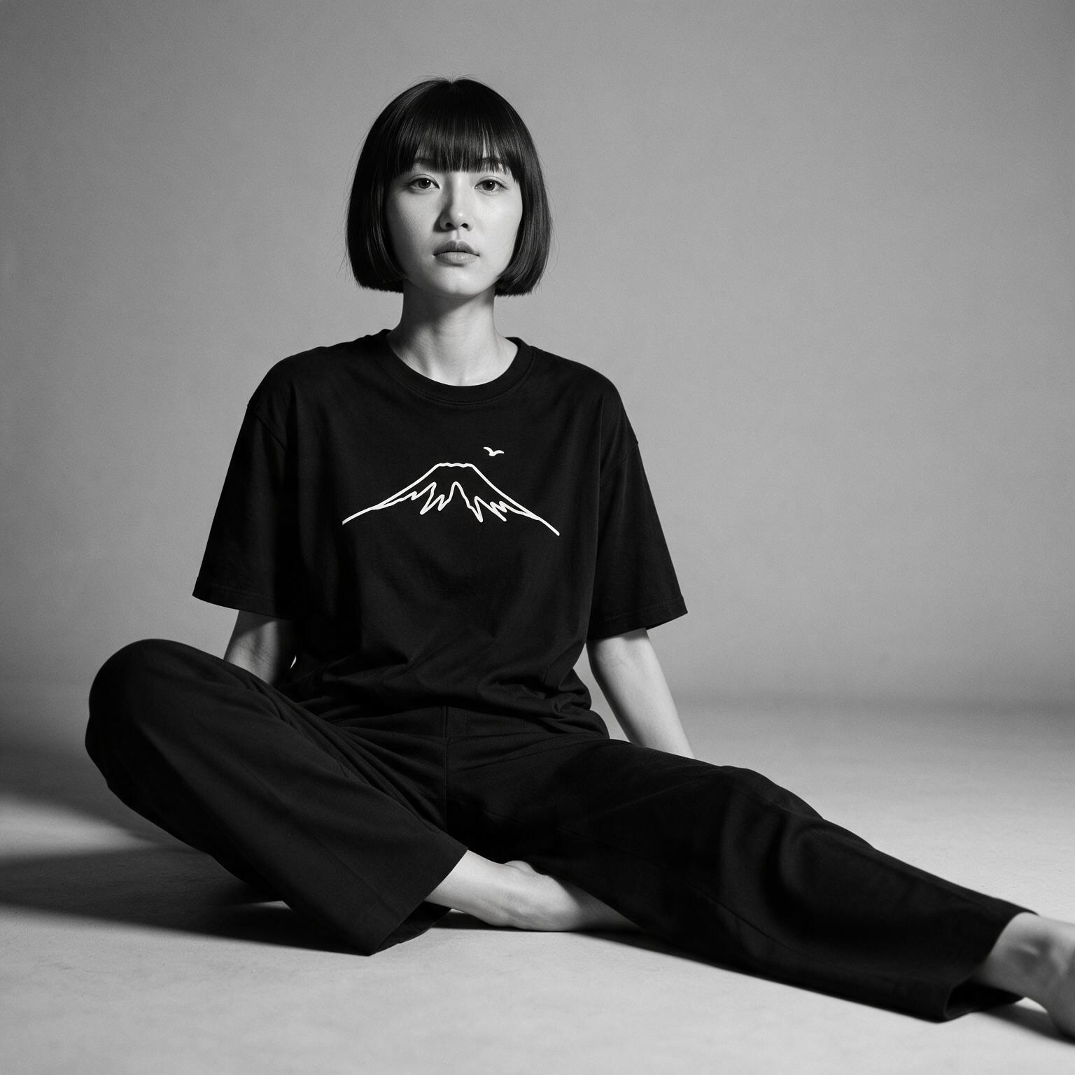 Kuroi Mono Fuji tee on model - streetwear fit photo 2