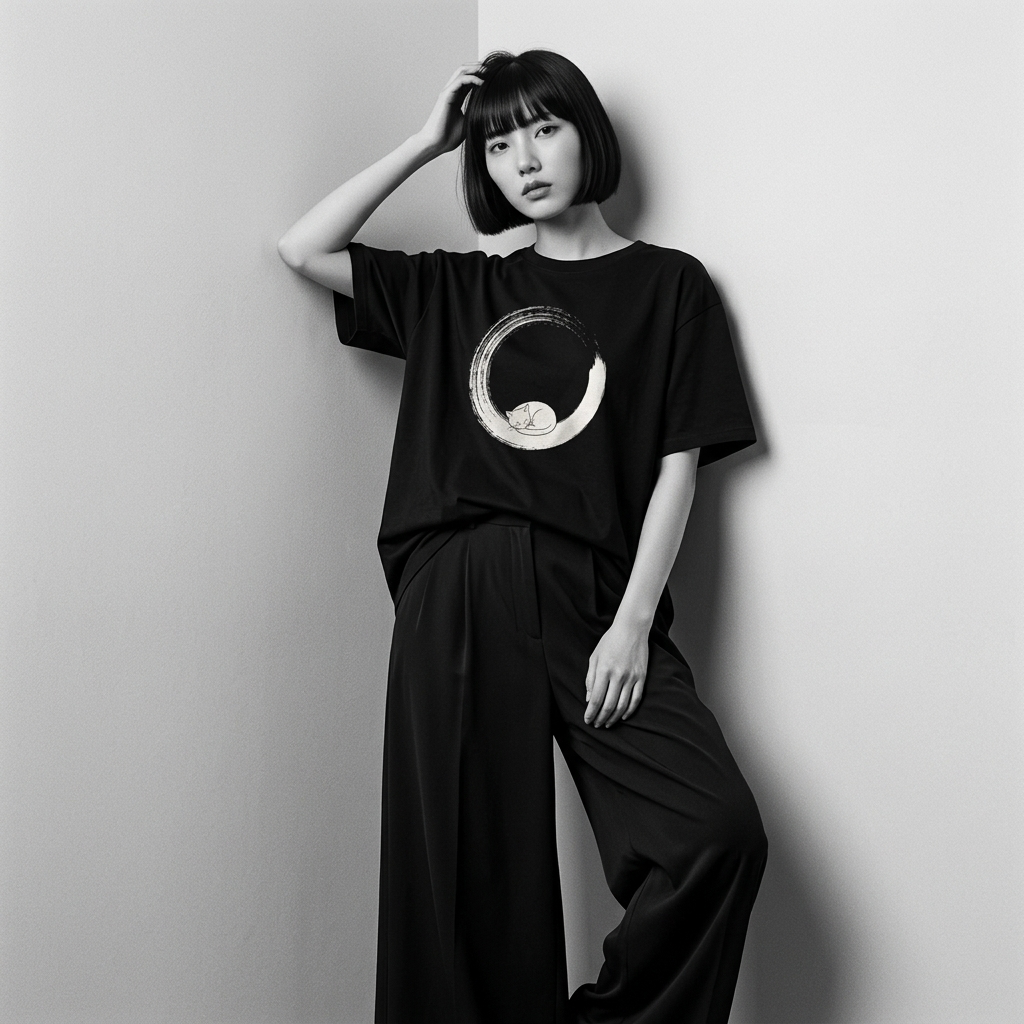 Model wearing Kuroi Enso Neko oversized black tee - Japanese minimalist streetwear