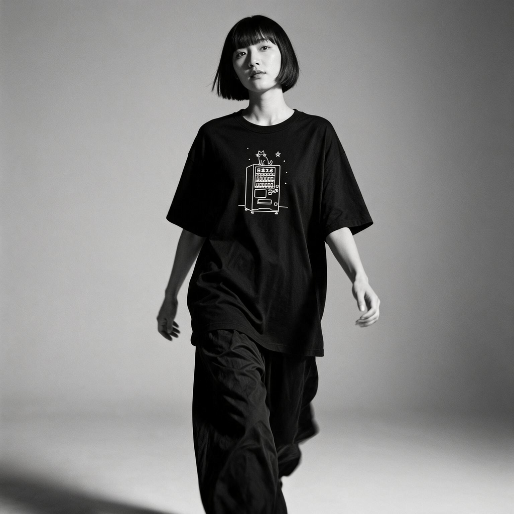 Kuroi Jihanki Neko tee on model - streetwear fit photo 3