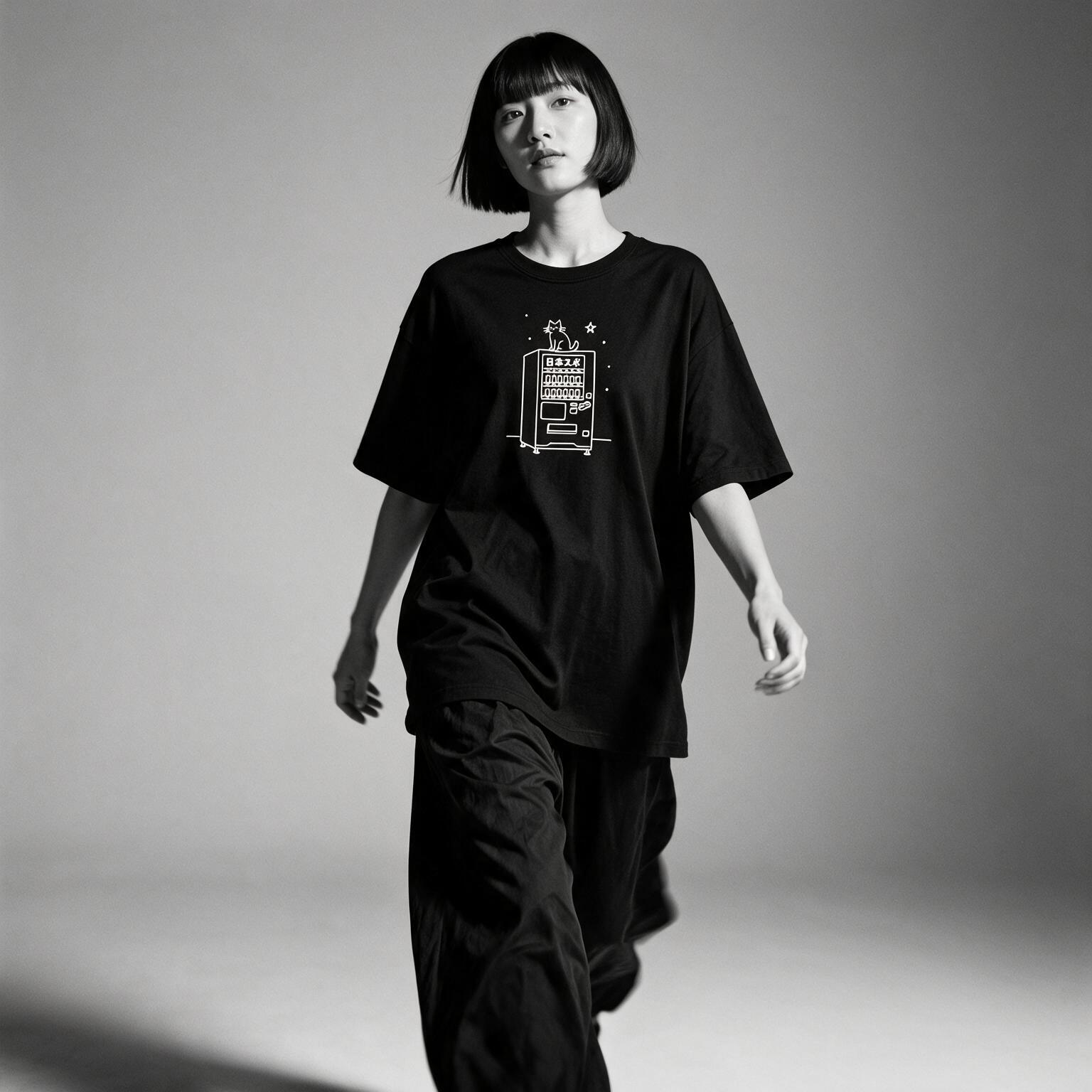 Kuroi Jihanki Neko tee on model - streetwear fit photo 3