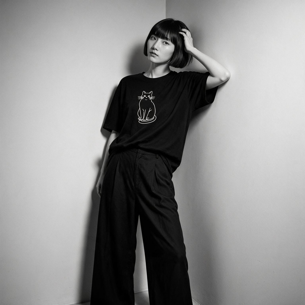 Model wearing Kuroi Mono Neko oversized black tee - Japanese minimalist streetwear