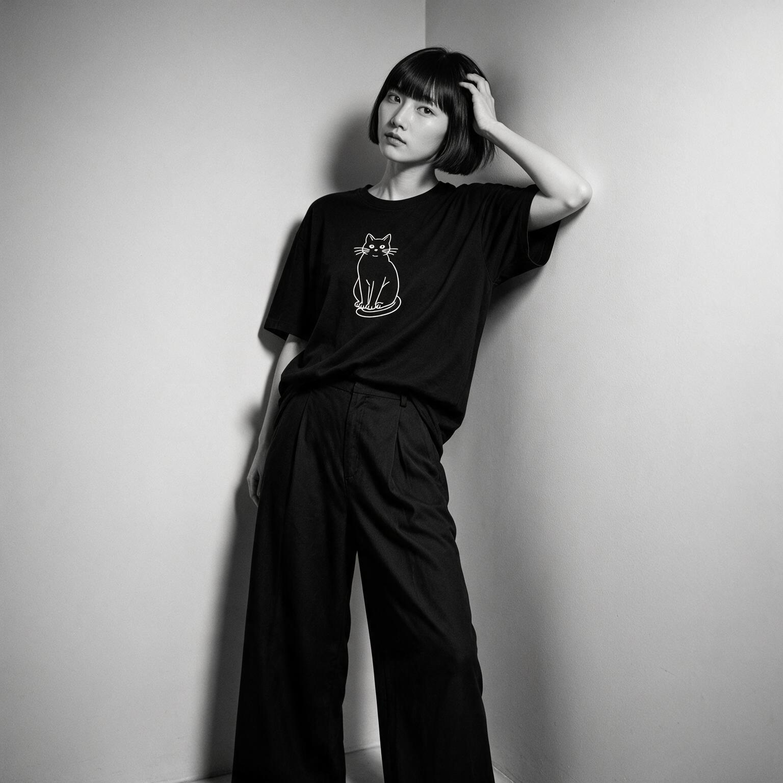 Model wearing Kuroi Mono Neko oversized black tee - Japanese minimalist streetwear