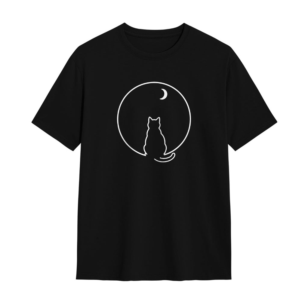 Kuroi Marumado oversized black tee - cat watching moon through round window