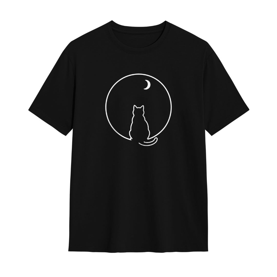 Kuroi Marumado oversized black tee - cat watching moon through round window