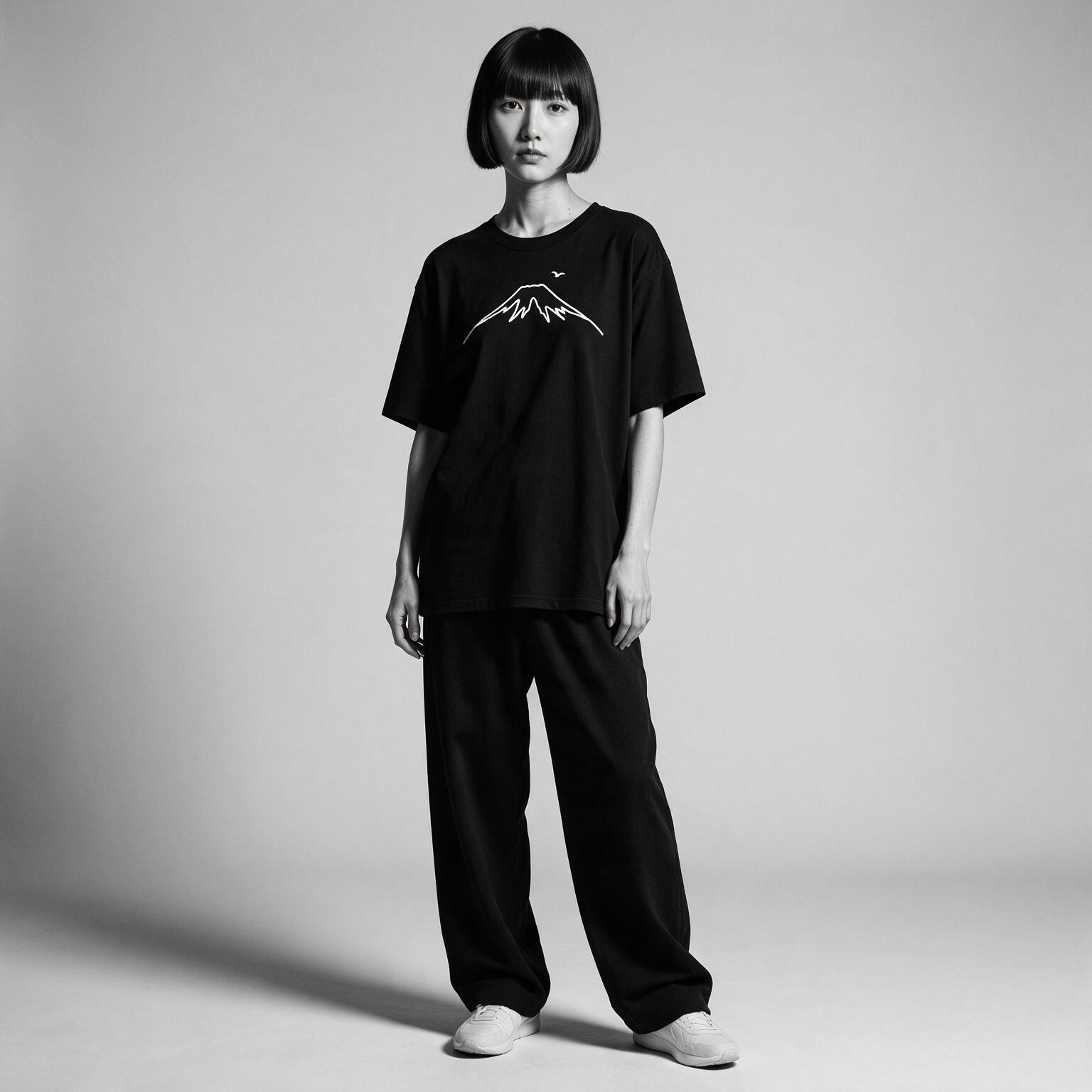 Kuroi Mono Fuji tee on model - streetwear fit photo 4