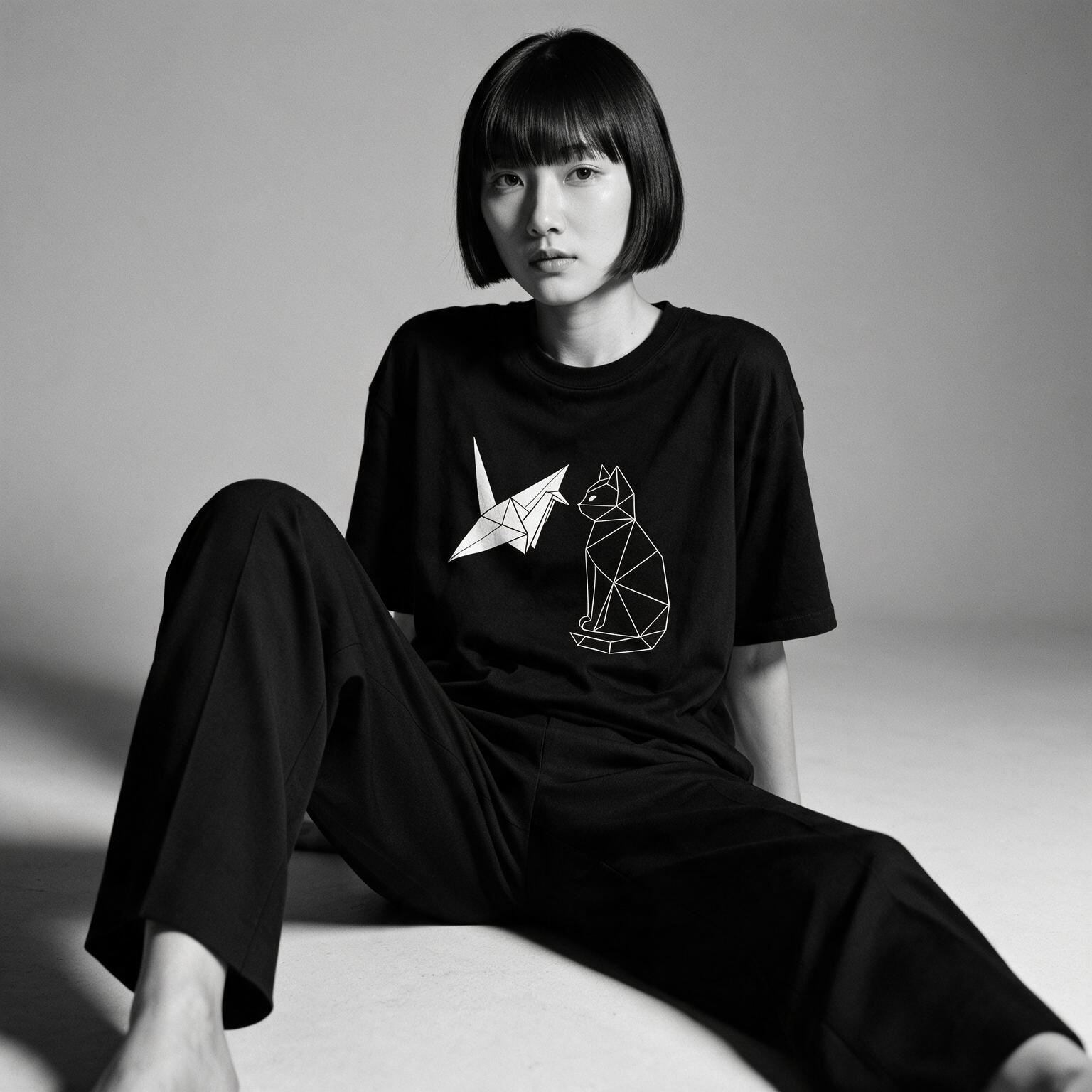 Model wearing Kuroi Kami no Deai oversized black tee - Japanese minimalist streetwear