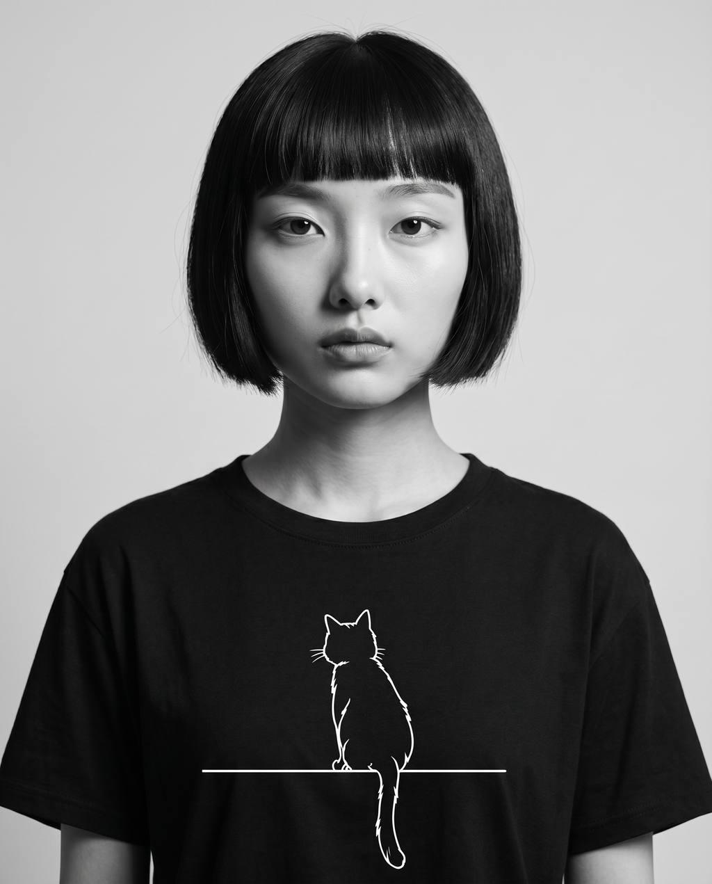 Nagi wearing the Kuroi Oversized Neko to Densen Tee — black and white