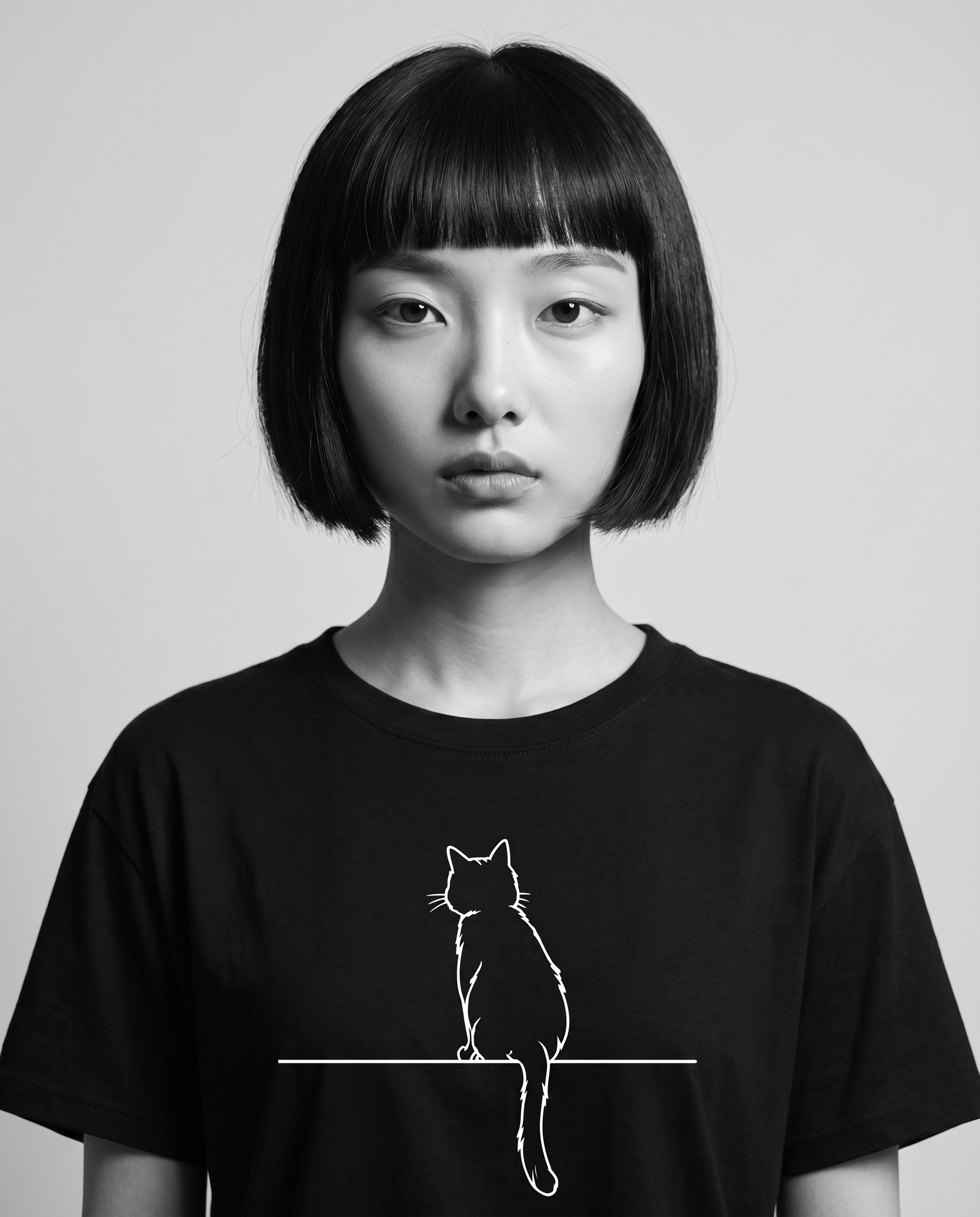 Nagi wearing the Kuroi Oversized Neko to Densen Tee — black and white