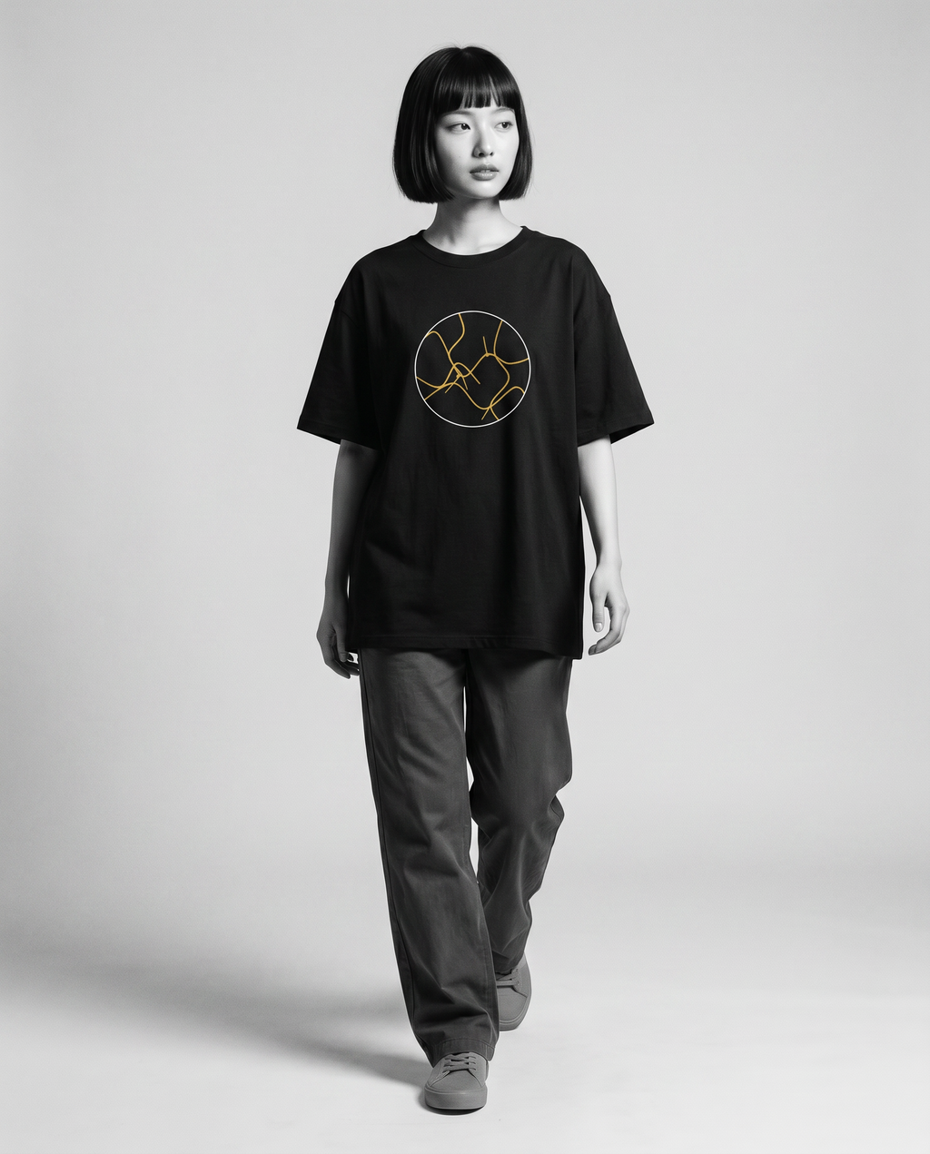 Nagi in the Kuroi Kintsugi Tee — walking