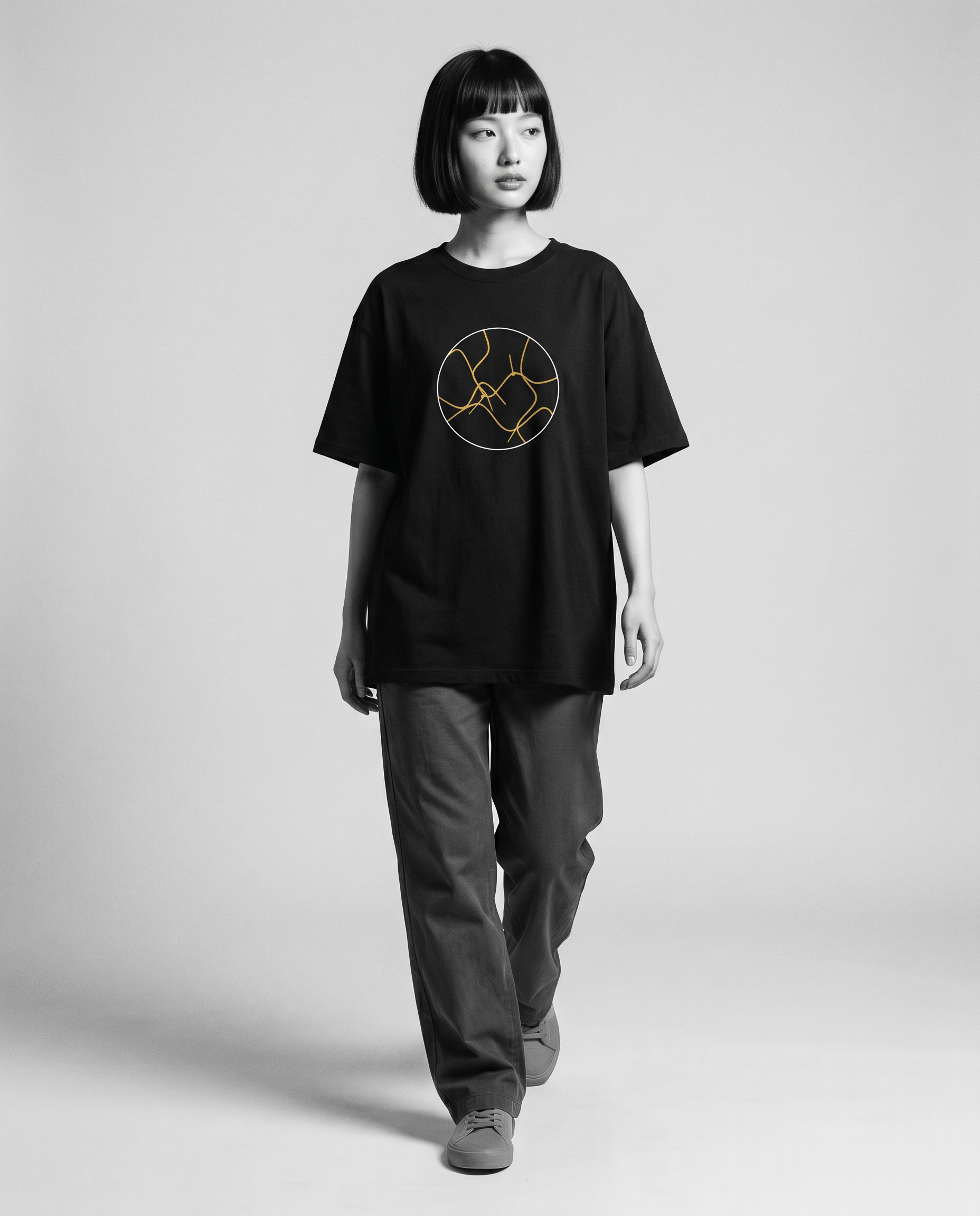 Nagi in the Kuroi Kintsugi Tee — walking
