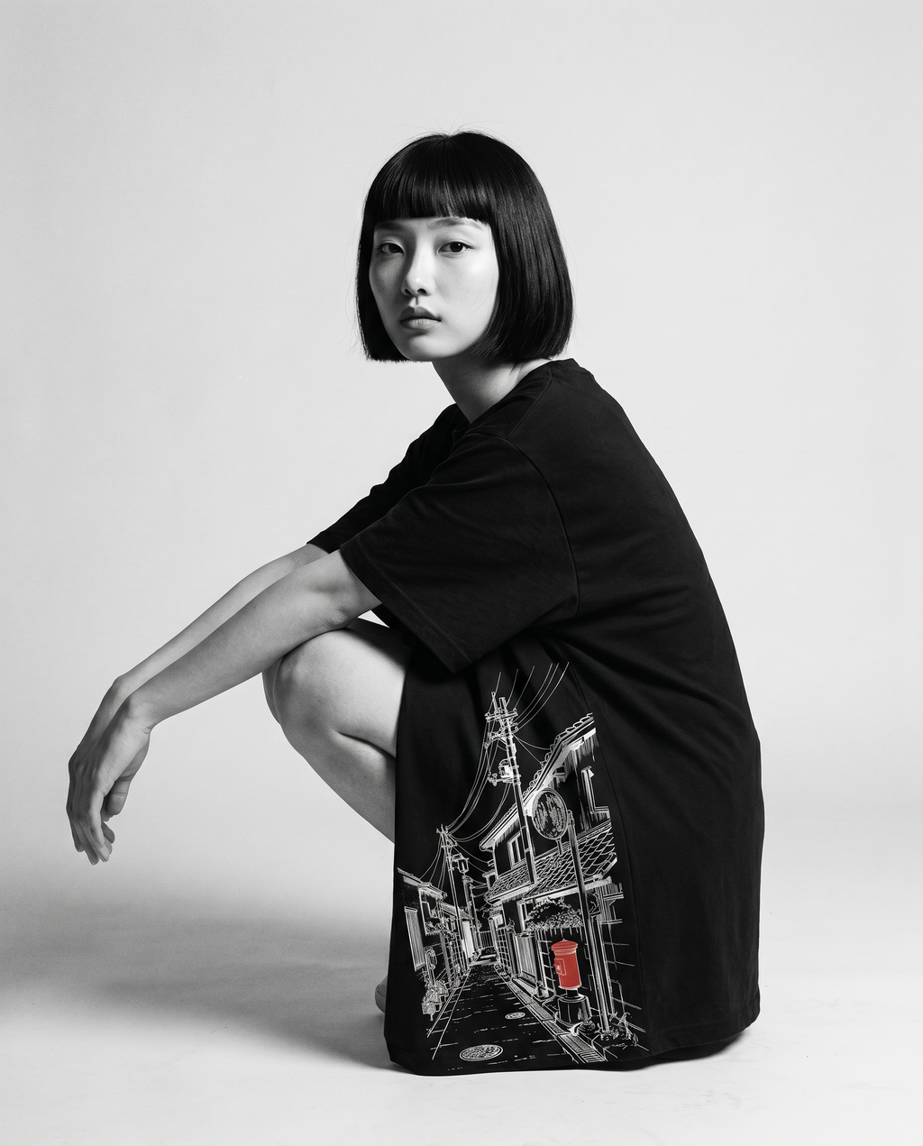 Nagi in the Kuroi Akari Koji Tee — crouching