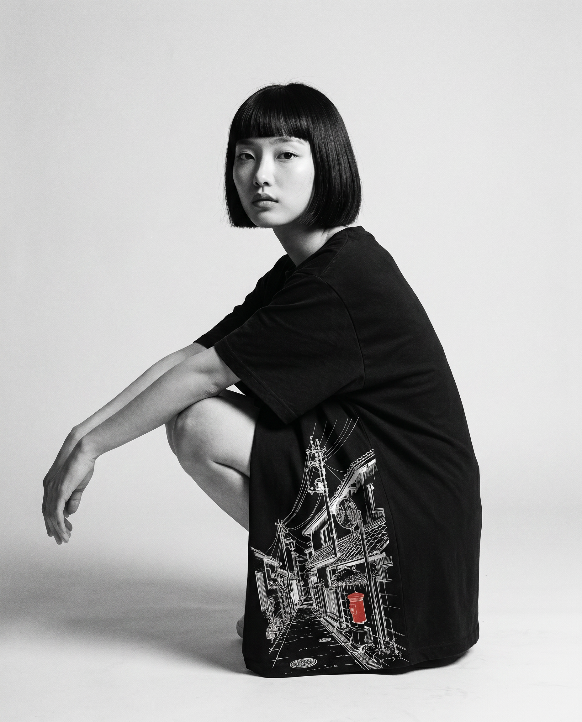 Nagi in the Kuroi Akari Koji Tee — crouching