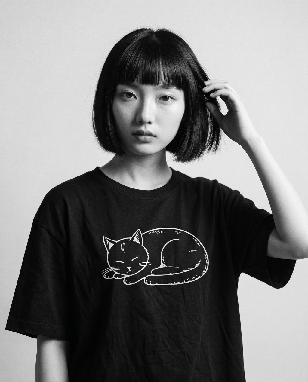 Nagi in the Kuroi Hirune Neko Tee — hand in hair