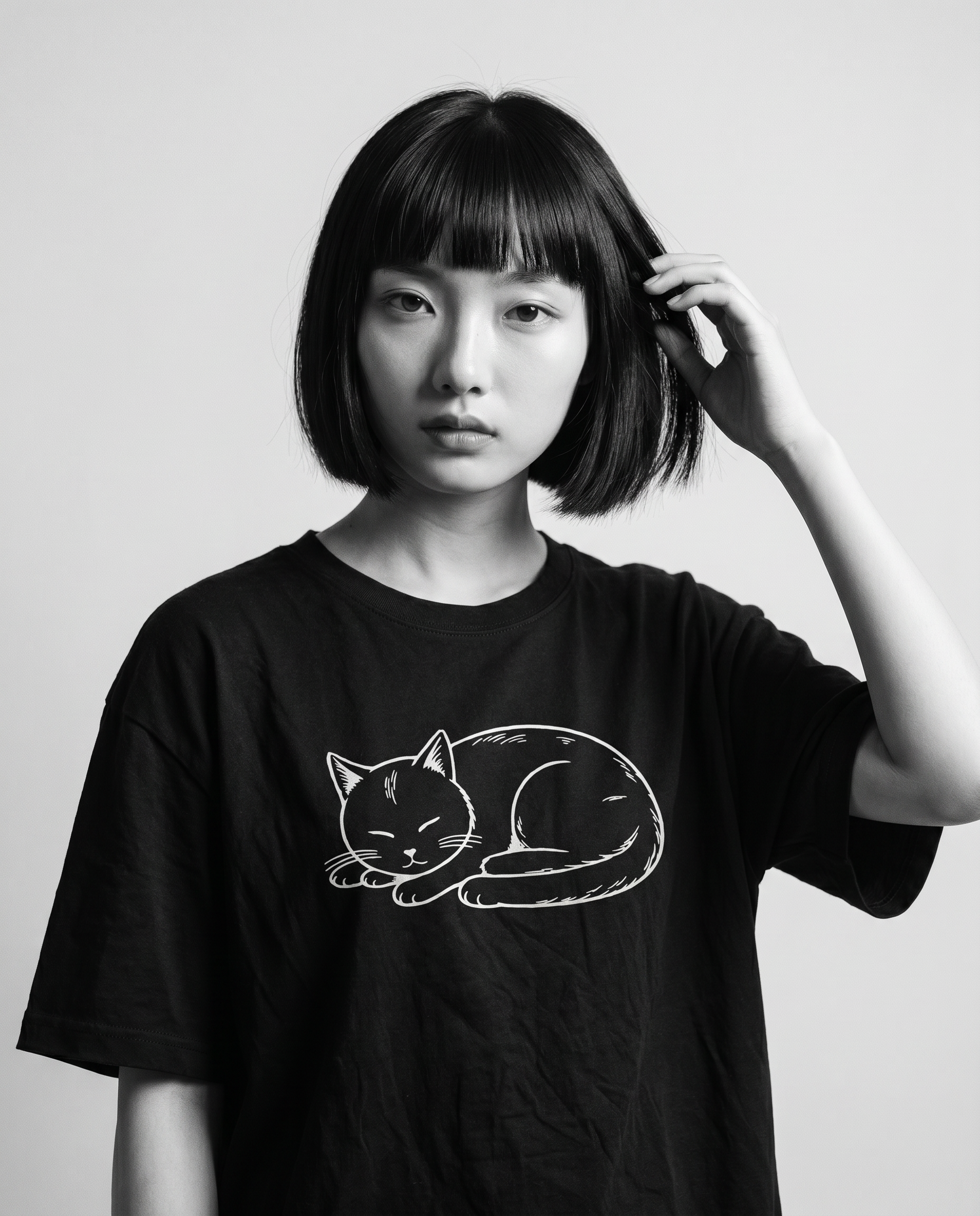 Nagi in the Kuroi Hirune Neko Tee — hand in hair