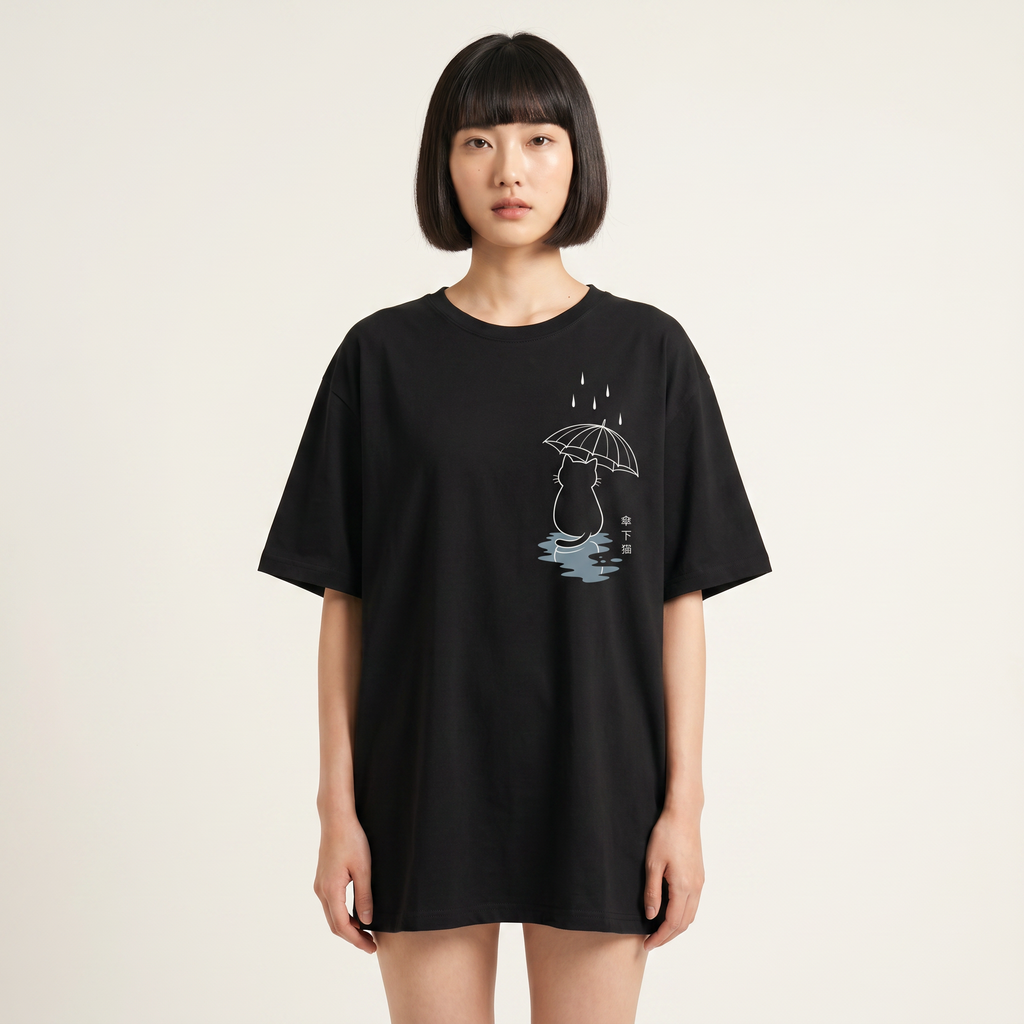 Kuroi Oversized Umbrella Cat Tee worn by a model, front view