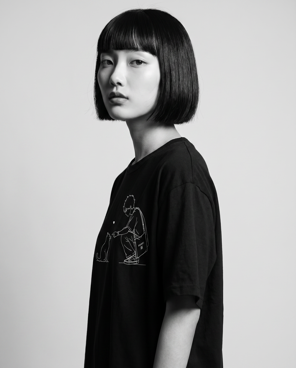 Nagi wearing the KUROI Neko no Yakusoku Tee — over the shoulder