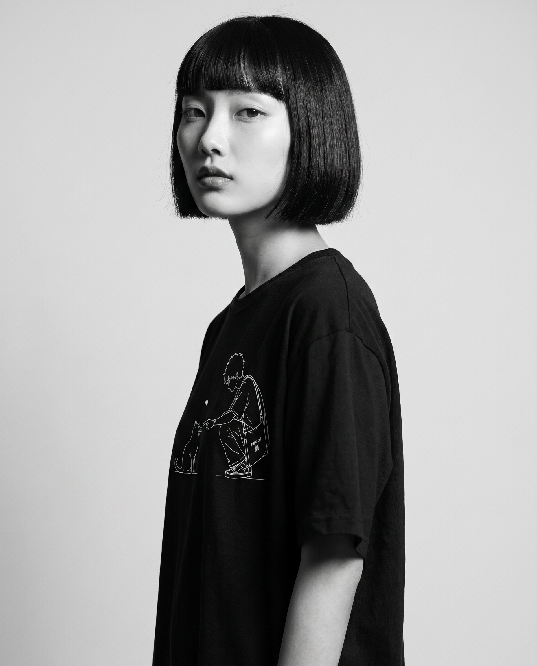 Nagi wearing the KUROI Neko no Yakusoku Tee — over the shoulder