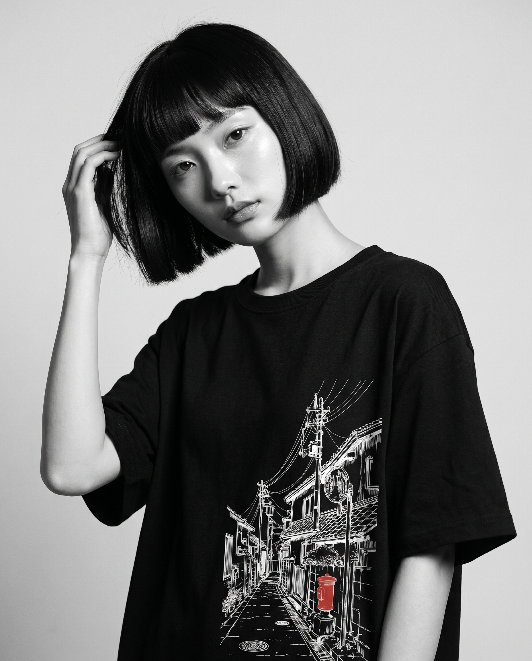 Nagi in the Kuroi Akari Koji Tee — hand in hair