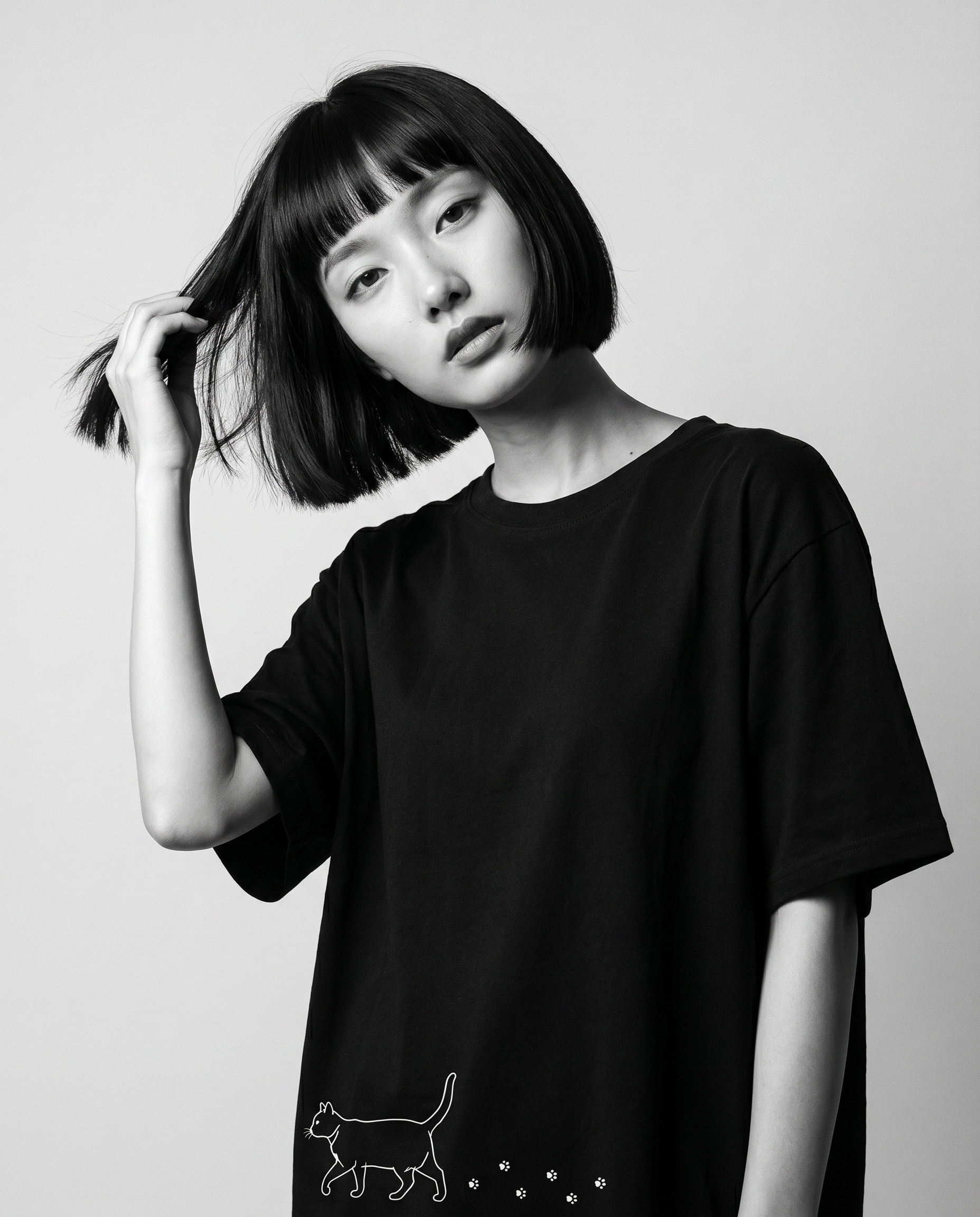 Nagi in the Kuroi Neko no Sanpo Tee — hand in hair
