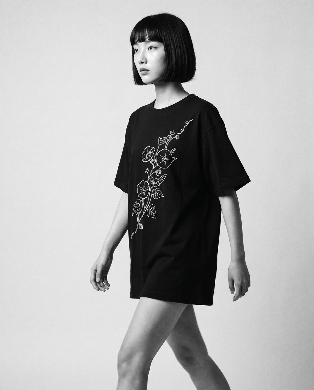 Nagi in the Kuroi Asagao Morning Glory Tee — walking