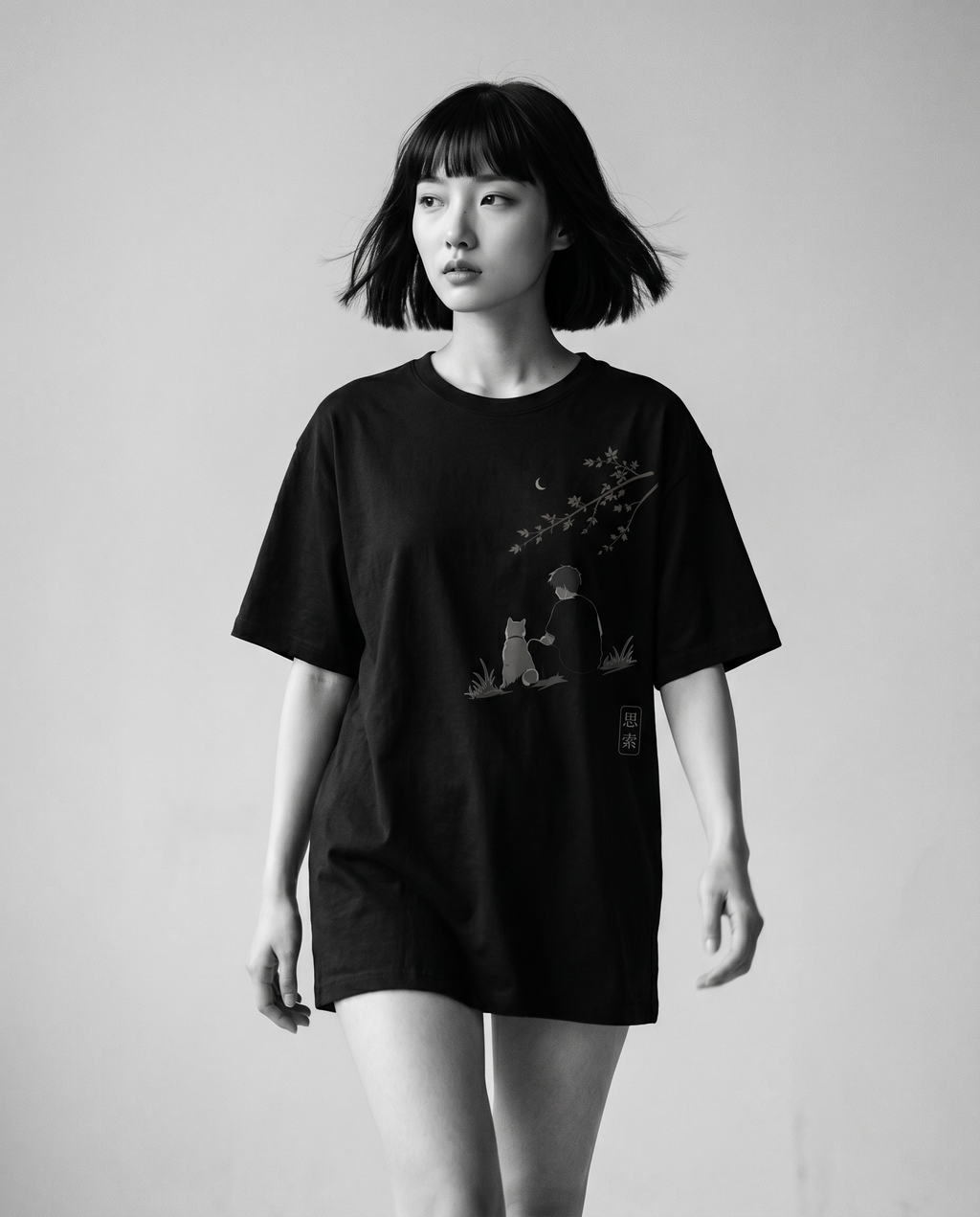 Nagi in the KUROI Shisaku Tee — walking
