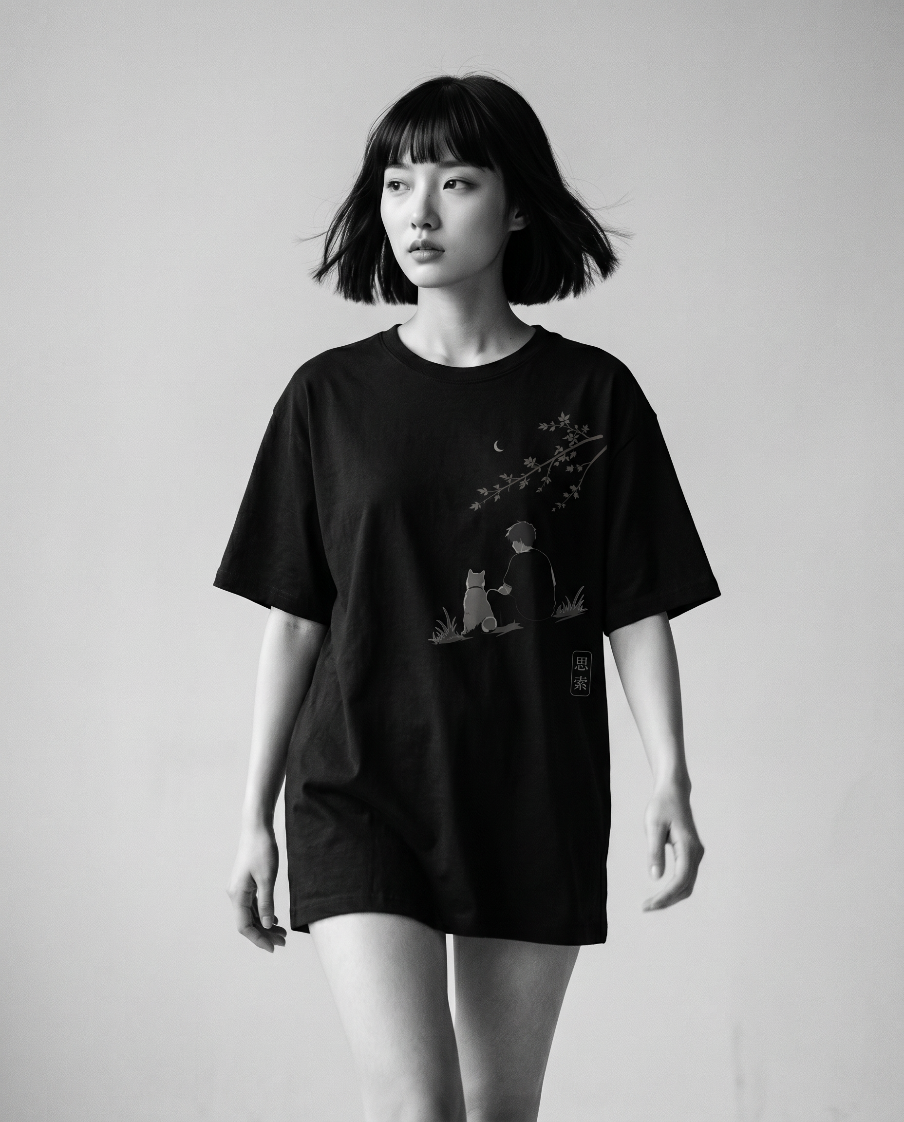 Nagi in the KUROI Shisaku Tee — walking