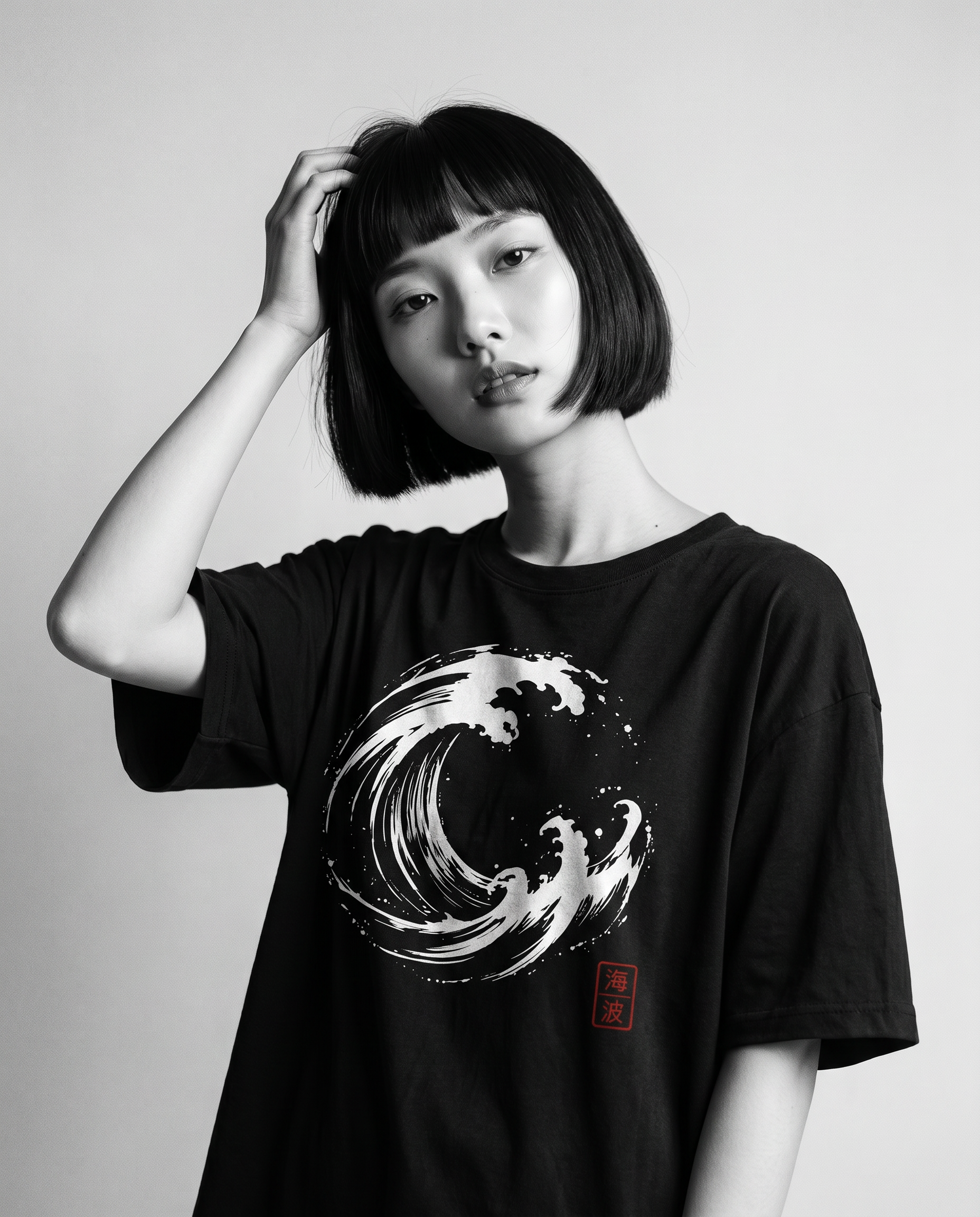 Nagi in the Kuroi Umi Nami Tee — hand in hair