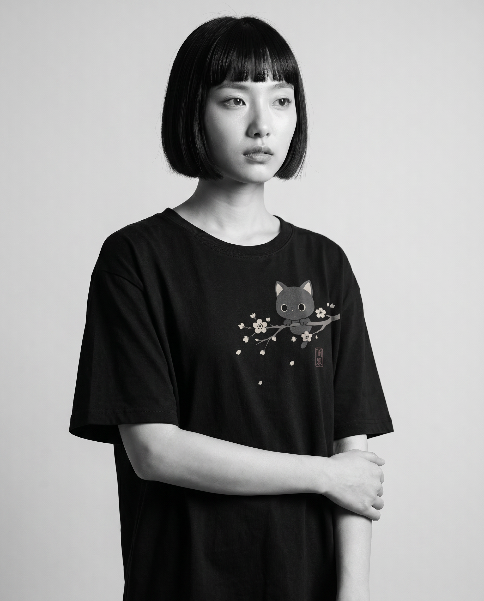 Nagi wearing the KUROI Sakura Neko Tee — arms crossed