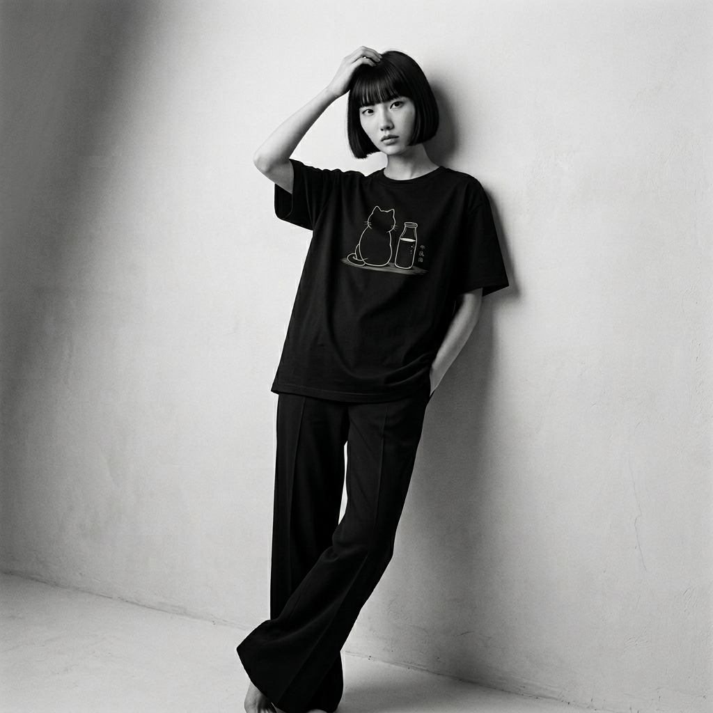 Nagi in the Kuroi Milk Bottle Cat Tee — leaning
