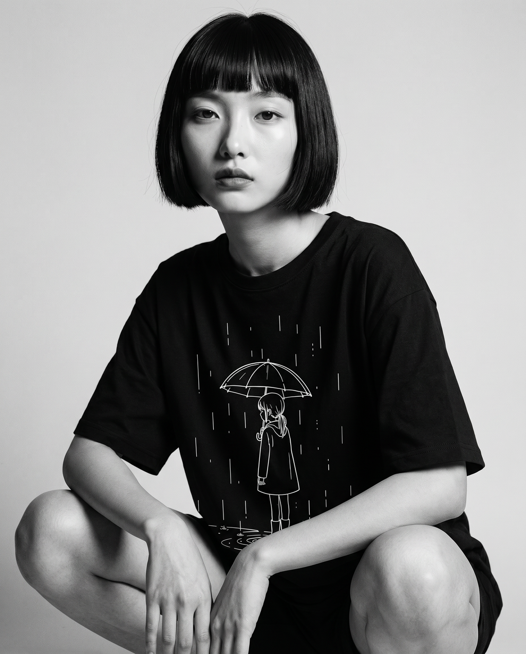 Nagi in the Kuroi Amamachi Tee — crouching