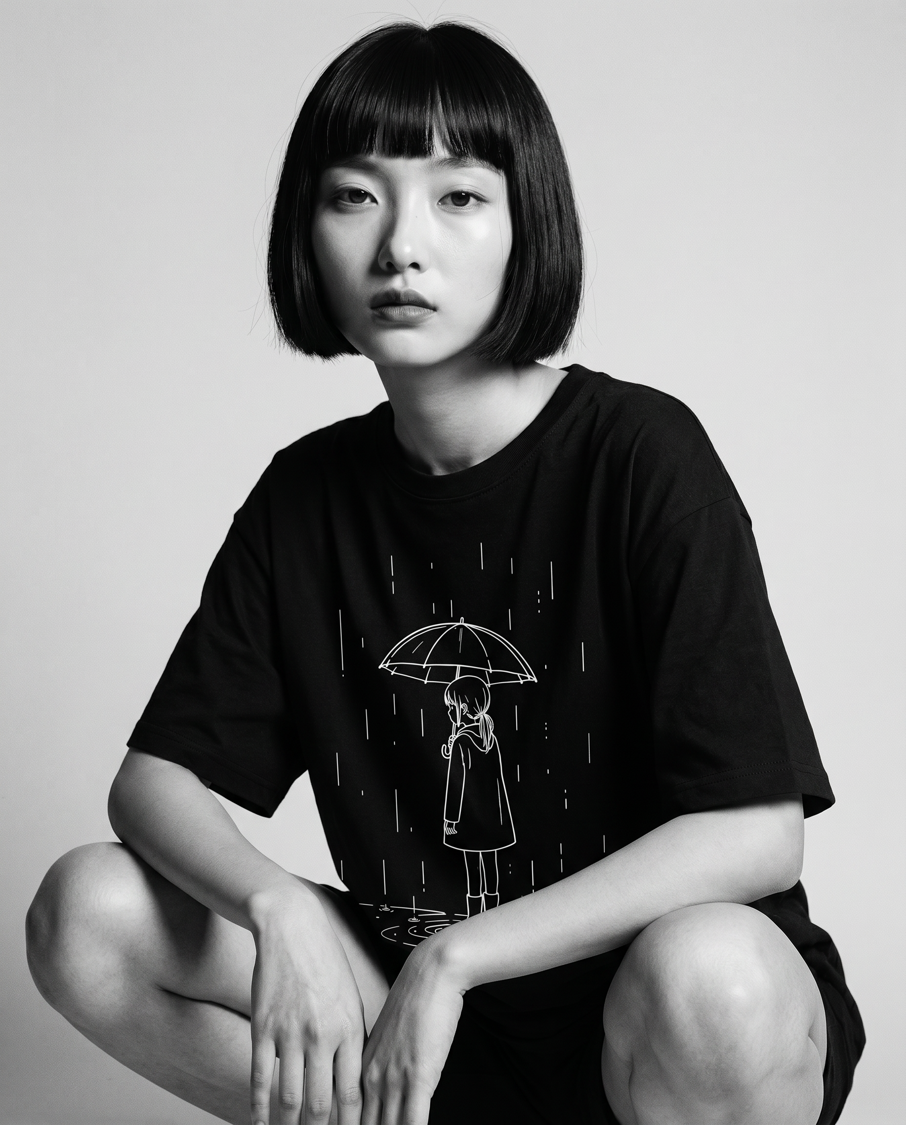 Nagi in the Kuroi Amamachi Tee — crouching
