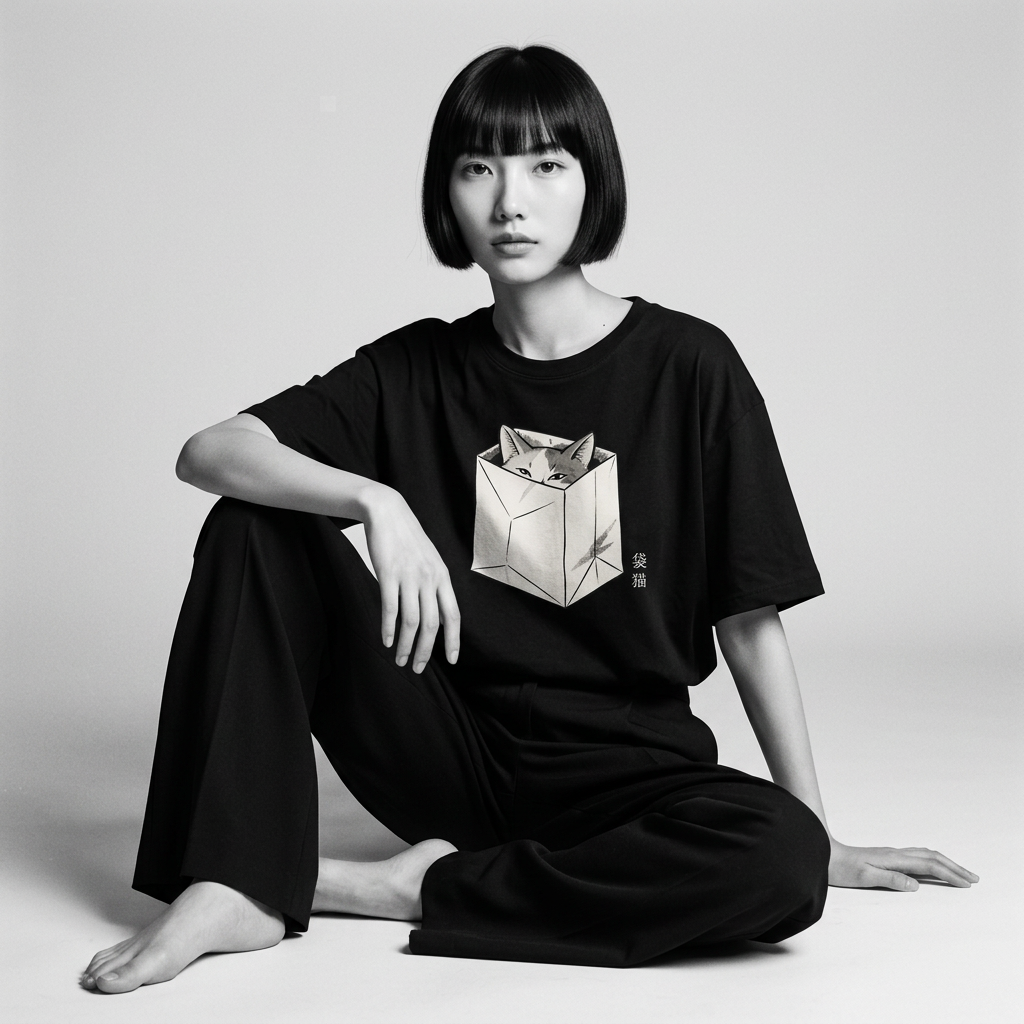 Nagi in the Kuroi Paper Cat Escape Tee — seated