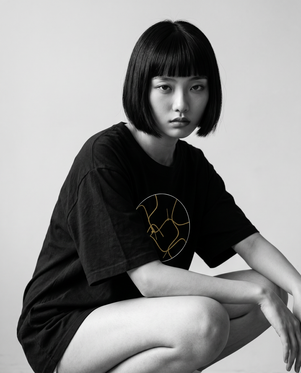 Nagi in the Kuroi Kintsugi Tee — crouching