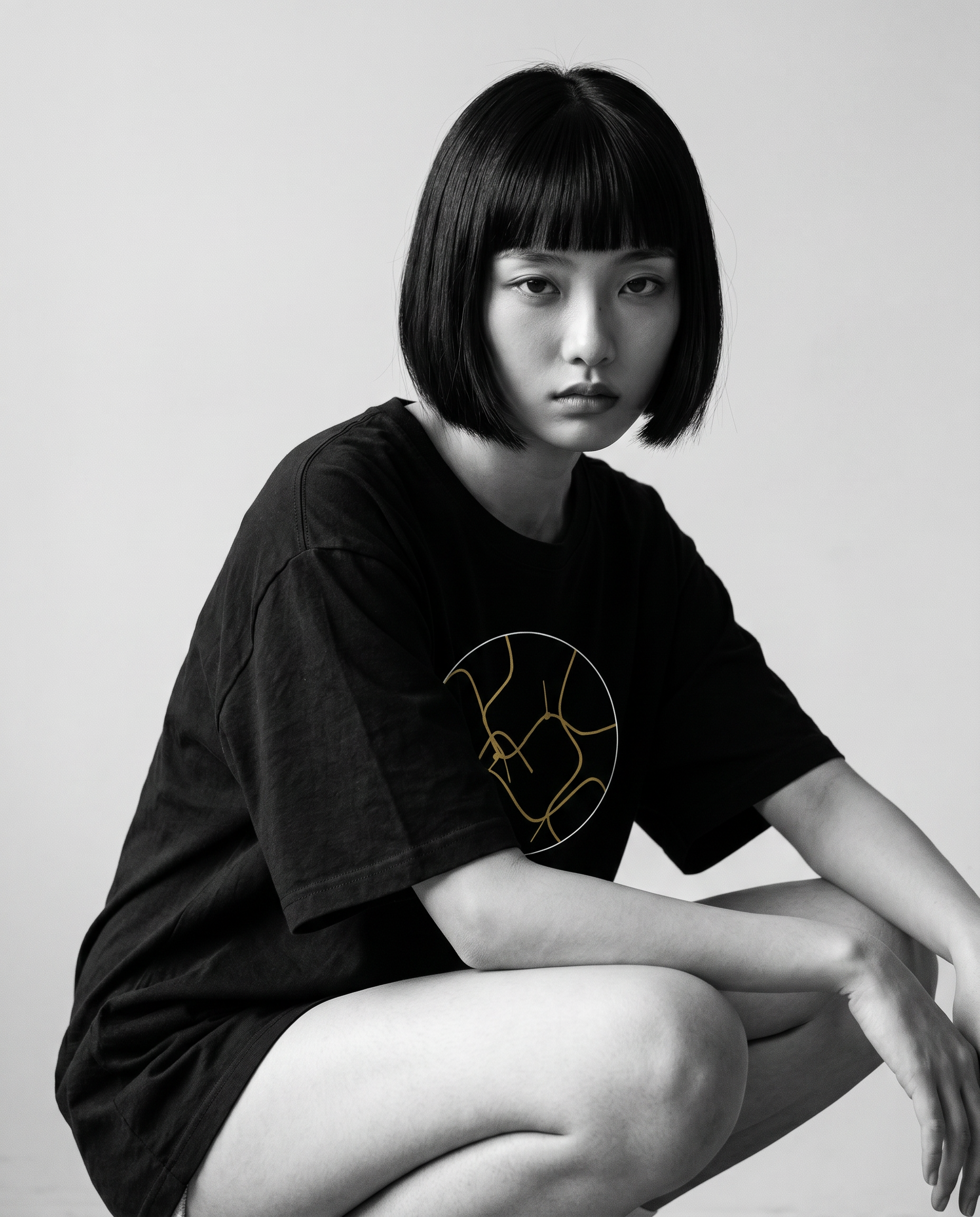 Nagi in the Kuroi Kintsugi Tee — crouching