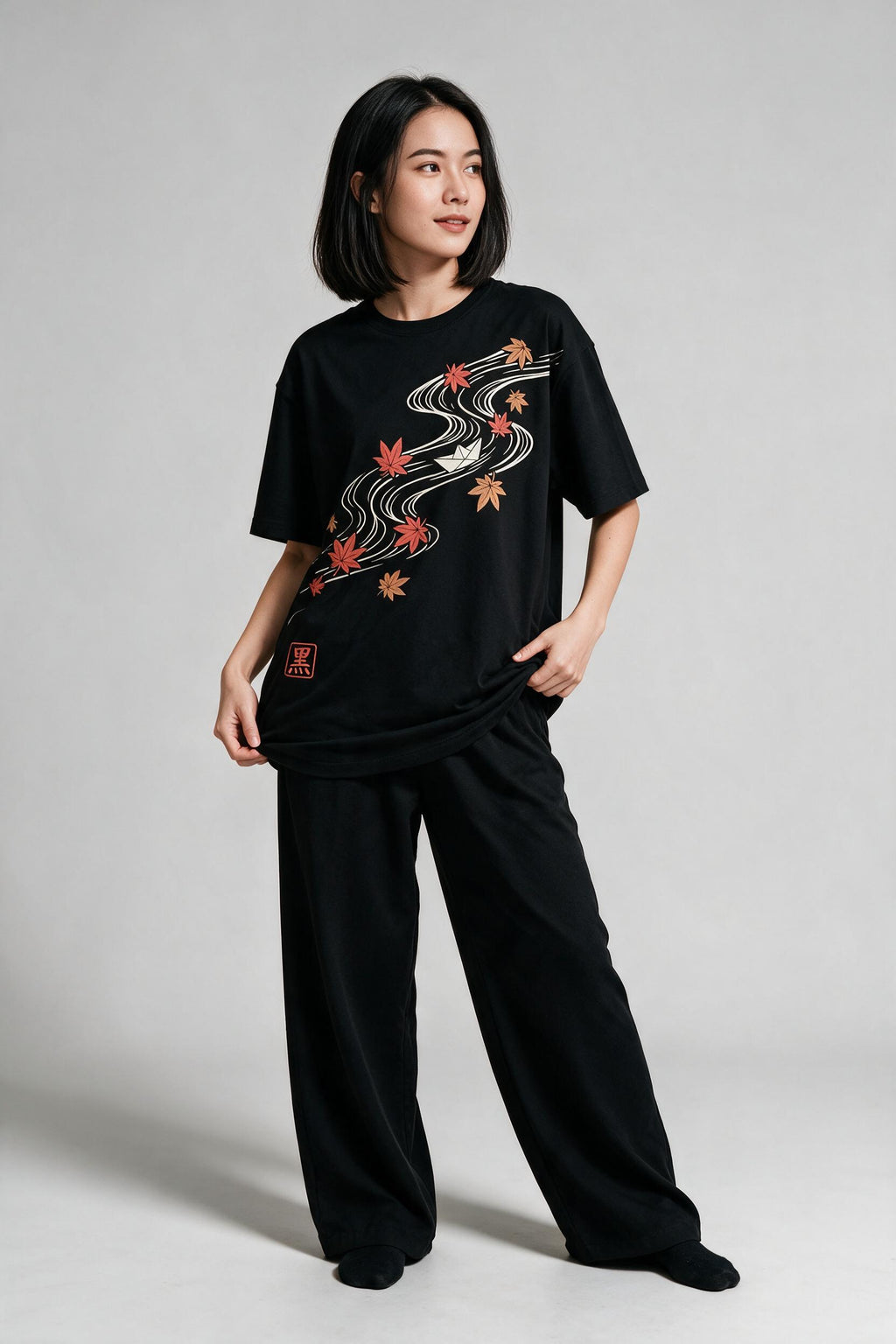 KUROI Momiji no Kawa oversized tee worn by model