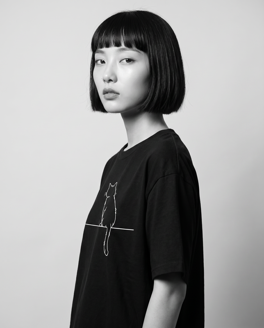 Nagi wearing the Kuroi Oversized Neko to Densen Tee — over the shoulder